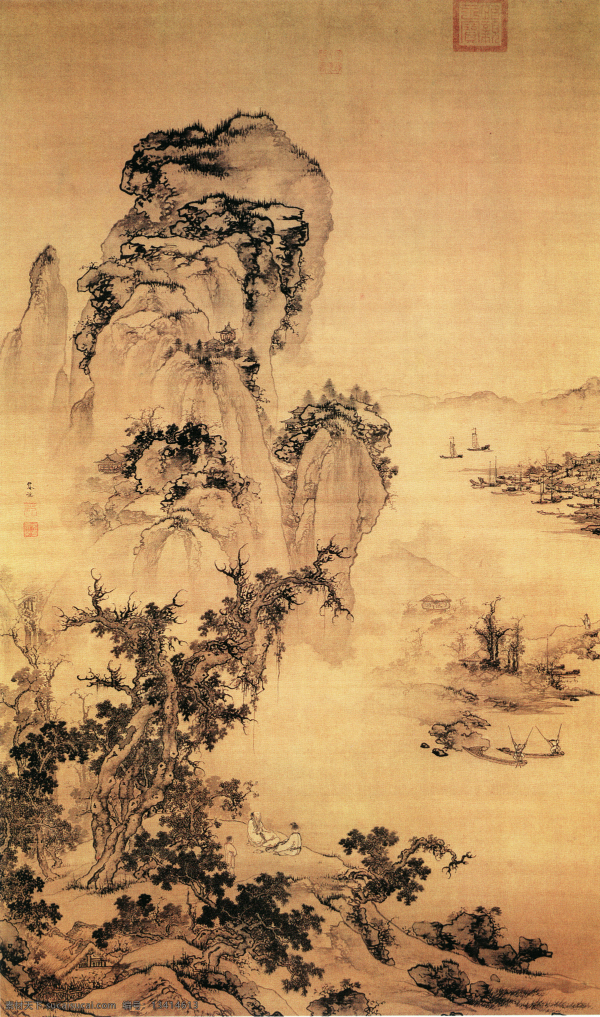 烟江远眺图 山水画 中国 古画 中国古画 设计素材 山水名画 古典藏画 书画美术 黄色