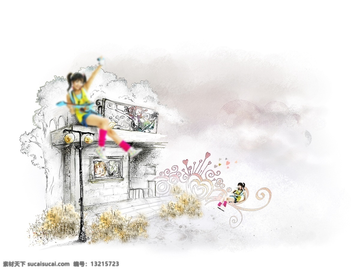 坐在 房顶 上 美女 人物 分层 韩国素材 krtk 创意设计 插画 女孩 树木 大树 房子 房屋 心形 花纹 路灯 花草 草丛 白色