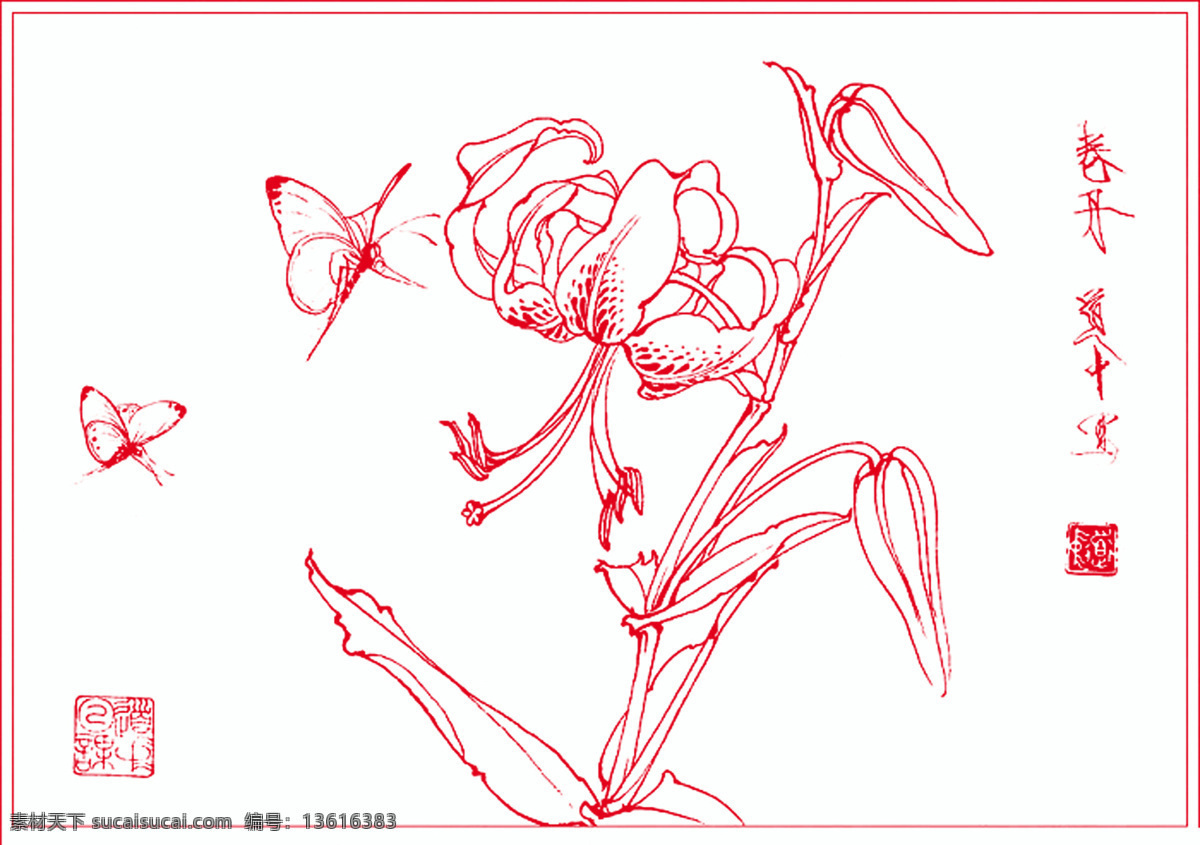 白描 线描 绘画 书画 花草白描 花草线稿 草虫 花草 蝴蝶 绘画书法 文化艺术