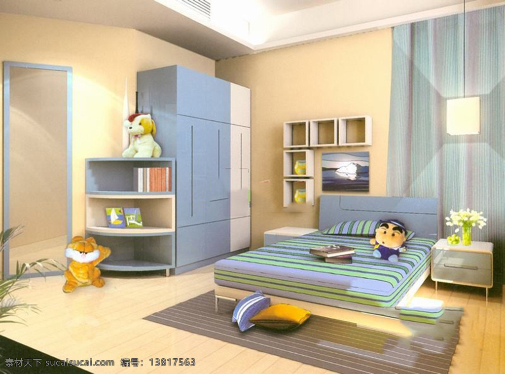 儿童房模型 3d模型 卡通玩具 室内设计 单人床 max 黄色