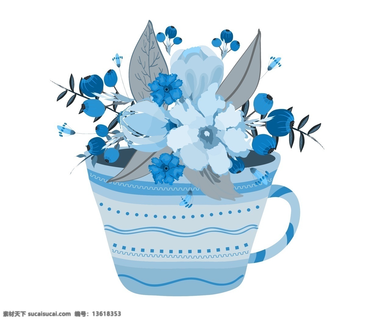 蓝色盆栽 花朵 水彩 蓝色 盆栽