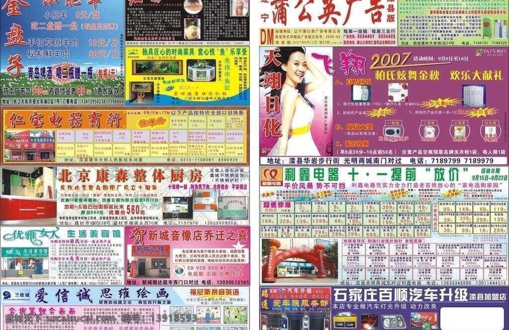 dm dm宣传单 水世界 蒲公英 广告 报纸 矢量 模板下载 蒲公英广告 2007 年第 期 皇明太阳能 天翊日化 利鑫电器 百顺汽车升级 仁宝电器商行 康森整体厨房 小肥羊饭店 红妆坊美容院 新城音像店 爱信诚教育 矢量图 日常生活