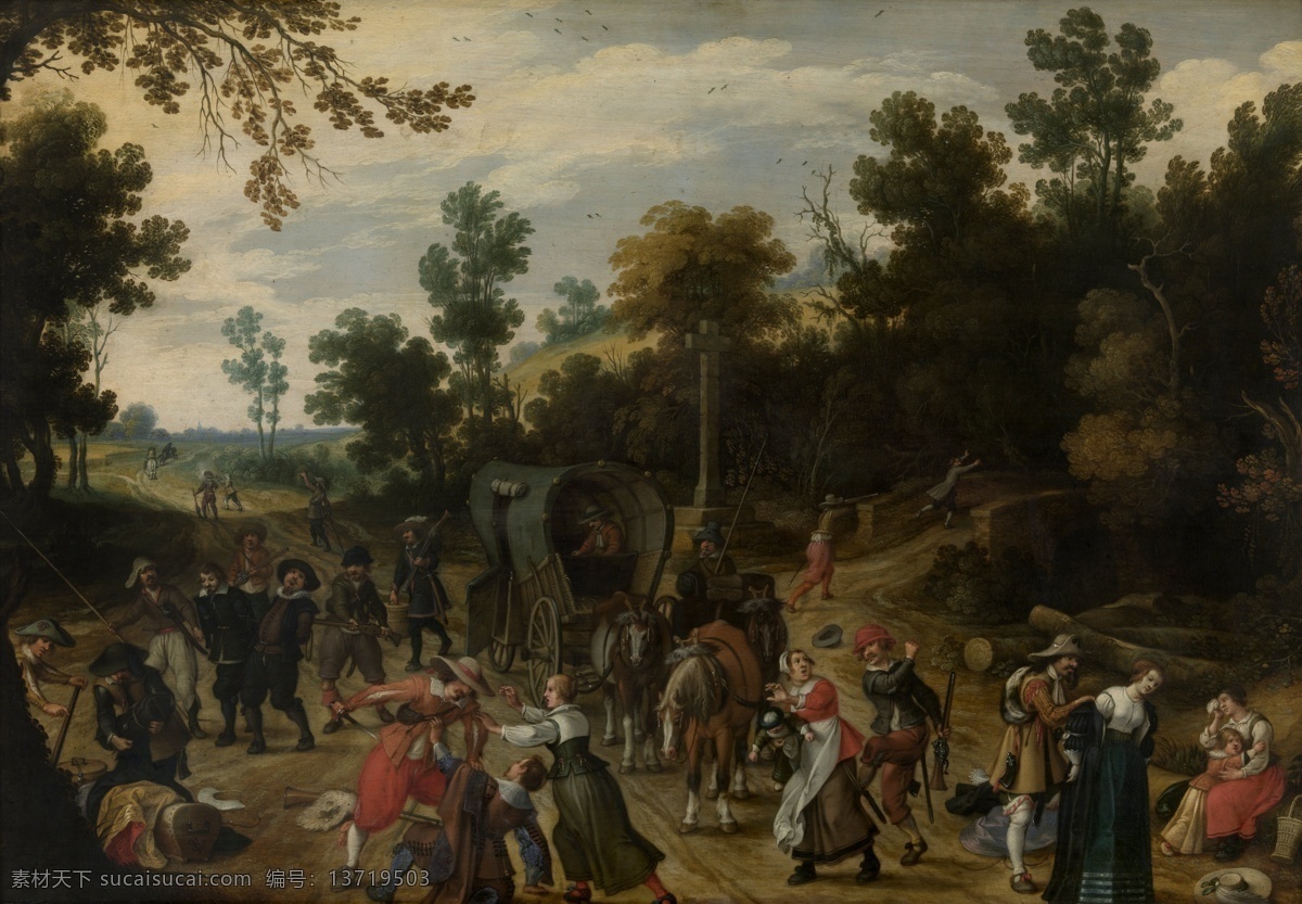 robbers 大师 画家 古典 画 建筑 景物 装饰画 油画 by attacked travellers with landscape vrancx sebastiaan 人物 高清 西方 国外 现代 家居装饰素材