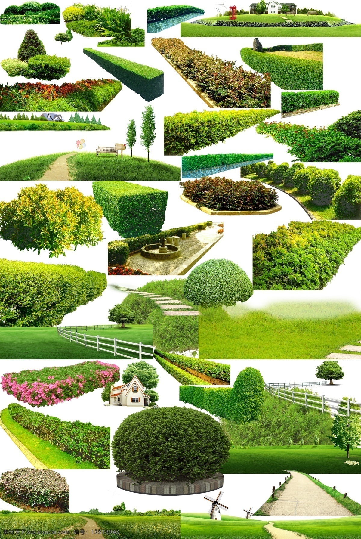 园林 集合 园林素材 png集合 园艺 花圃 条形花圃 草坪 绿色 室外 小路 栏杆 围栏 白色