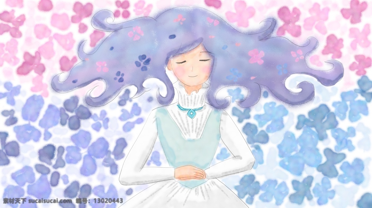 原创 治愈 插画 梦幻 童话 绣 球花 女孩 紫色 蓝色 花 绣球 粉色 睡觉 睡美人 朋友圈配图 手机壁纸 插图 配图 微博配图 公众号配图 文章配图