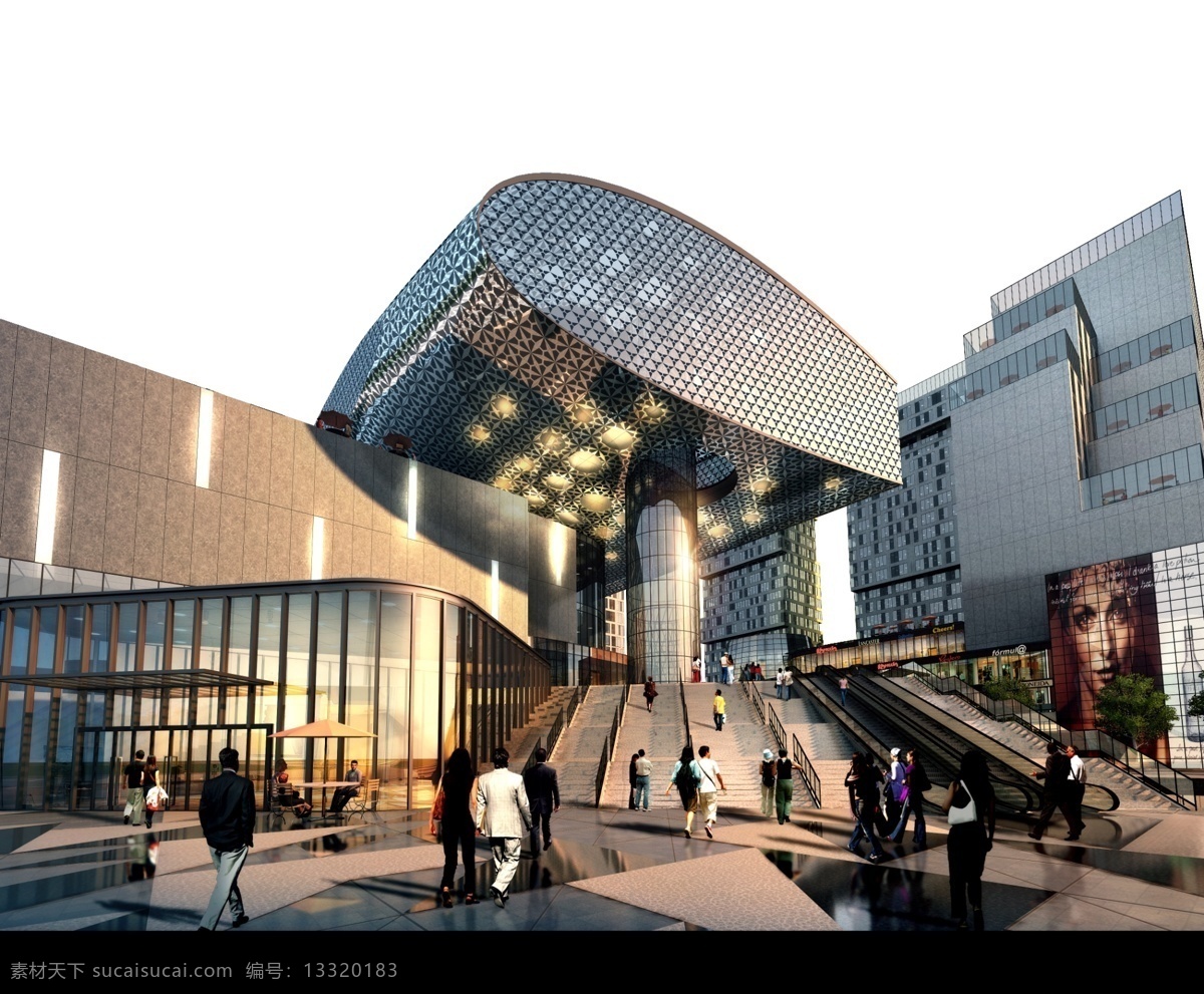 建筑效果 现代建筑 概念建筑 大型建筑 商业建筑 玻璃幕墙 独特造型 几何 地砖 支撑柱 柱子 扶手电梯 楼梯 品牌店 商铺 室外 茶座 阳伞 天空 蓝天 白云 行人 效果图 建筑效果图 建筑设计 环境设计 源文件