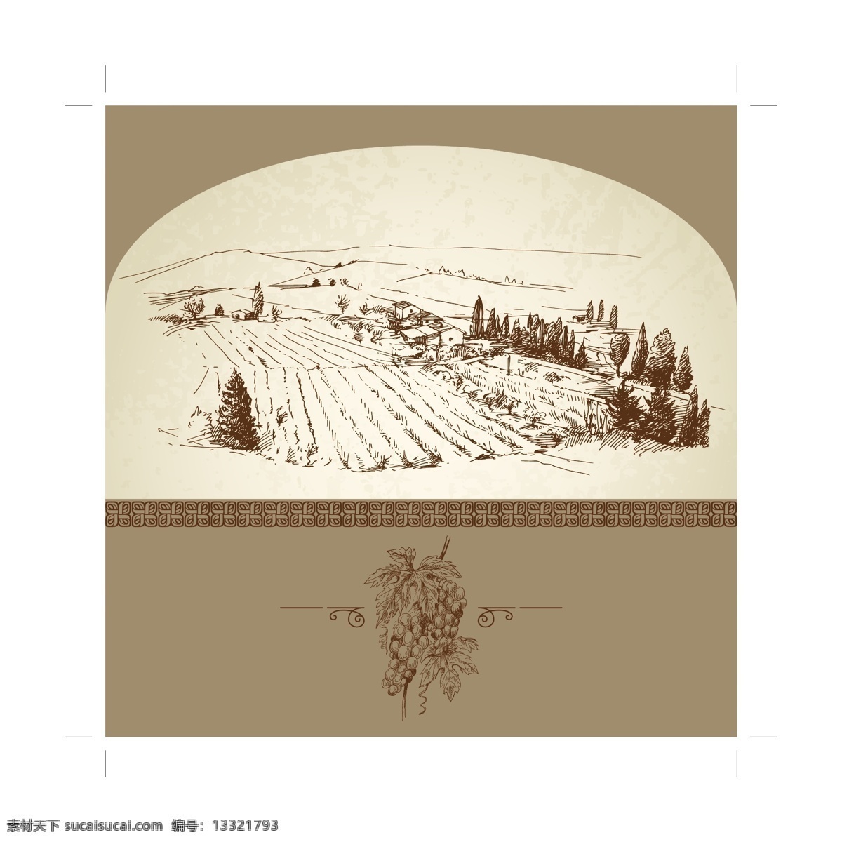 手绘 风景图片 房子 简笔画 葡萄 山 矢量素材 树 田地 矢量图 其他矢量图