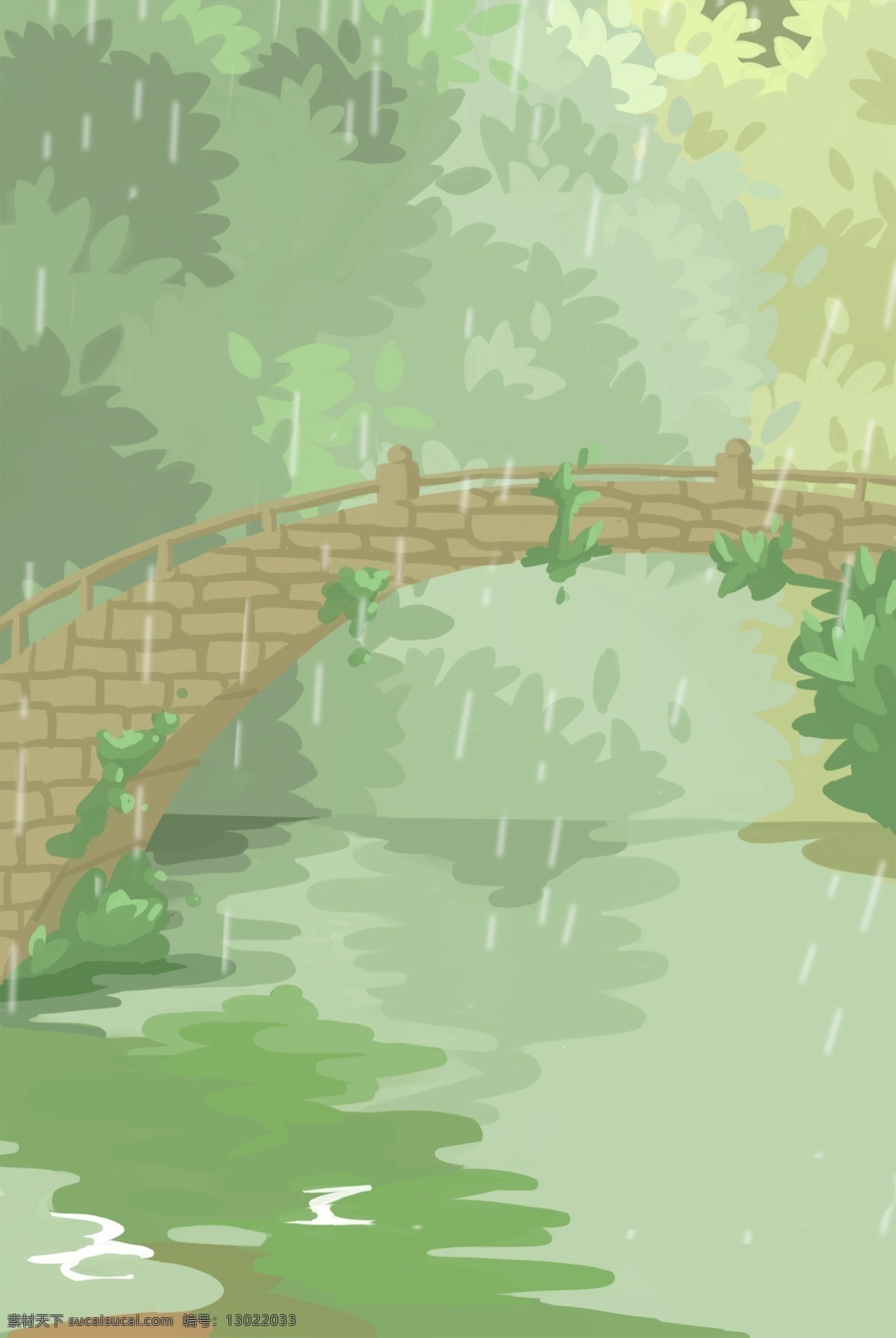 卡通 绿色 森林 小桥 桥 卡通桥梁 河流 绿色树木 绿色植物 绿色生态 植物 河水 免抠图