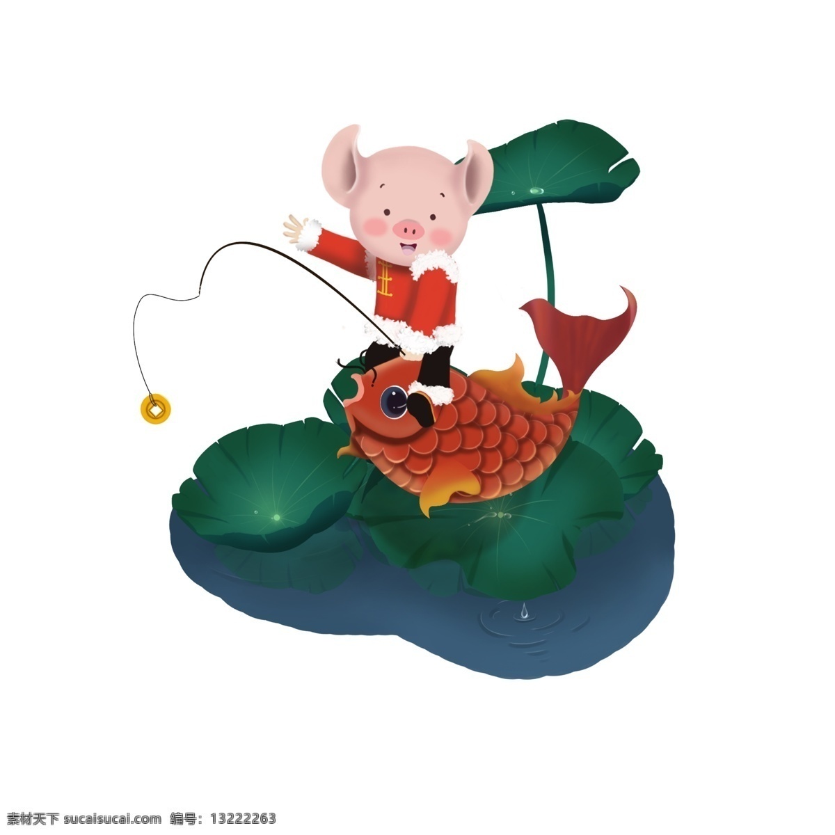 猪 锦鲤 手绘 卡通 人物 装饰 节日 清新 彩色 平面设计 原创 透明底 免抠 海报装饰 通用 新年2019 农历新年 猪锦鲤