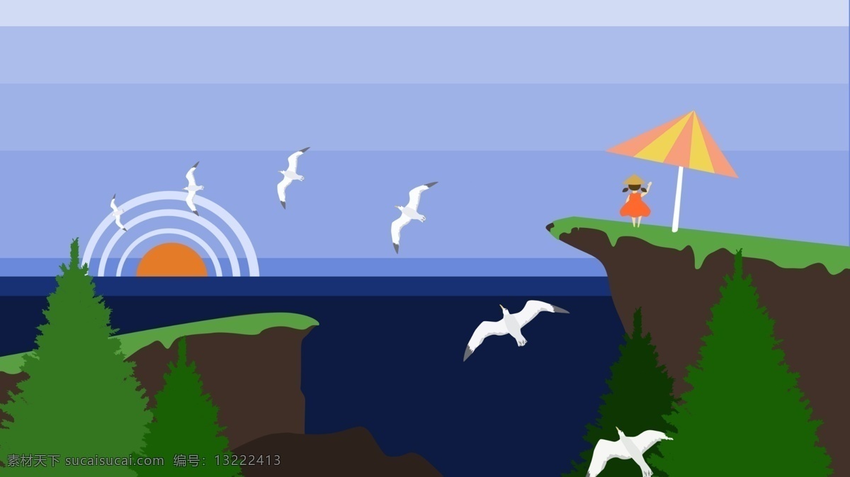 你好 早安 海上 日出 大海 原创 小女孩 风景插画 插图插画 海上日出