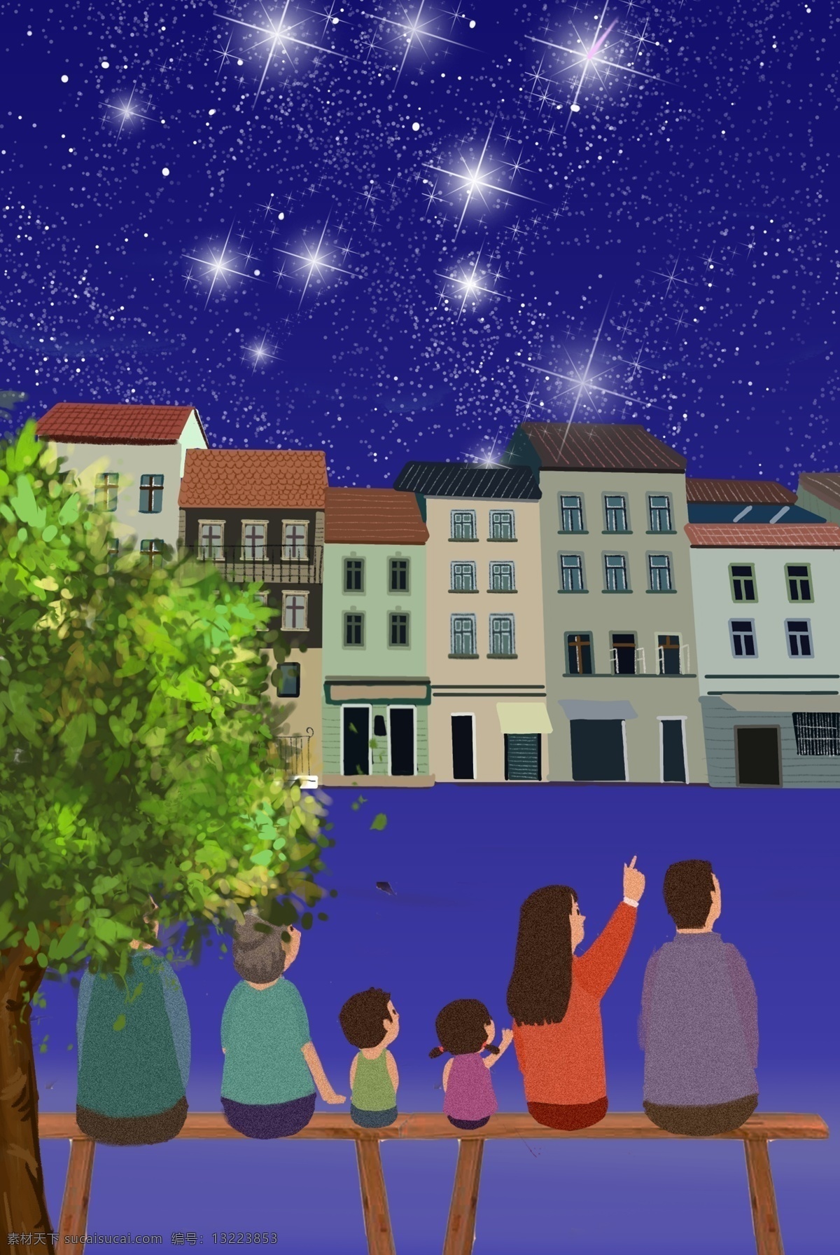 夏天 夜晚 城镇 一家人 庭院 看 星星 背景 夏天夜晚 夏夜 夏日 看星星 星空