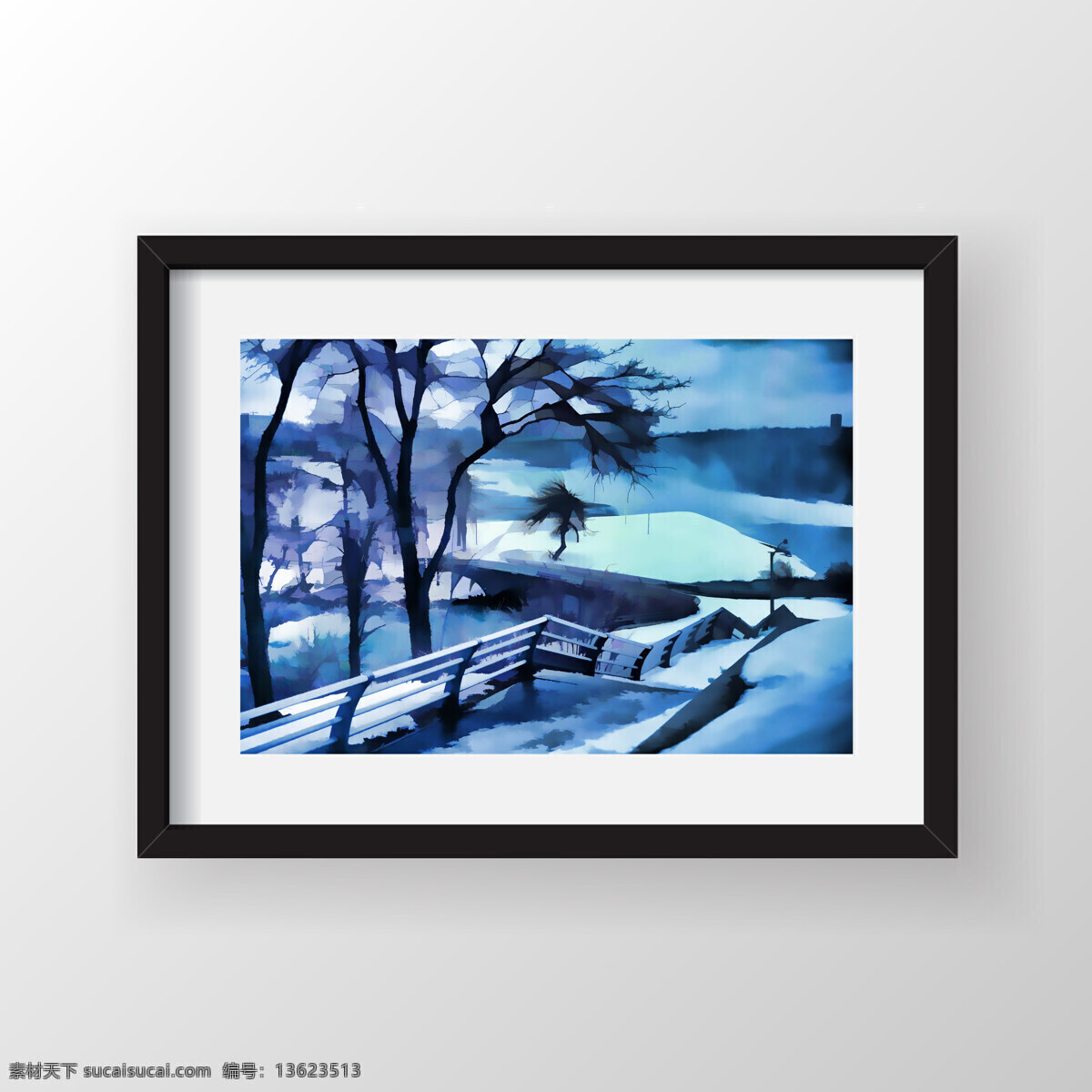 乡村 雪景 装饰画 枯树 树木 水彩画 冬季风景 乡村雪景 家居装饰素材 山水风景画