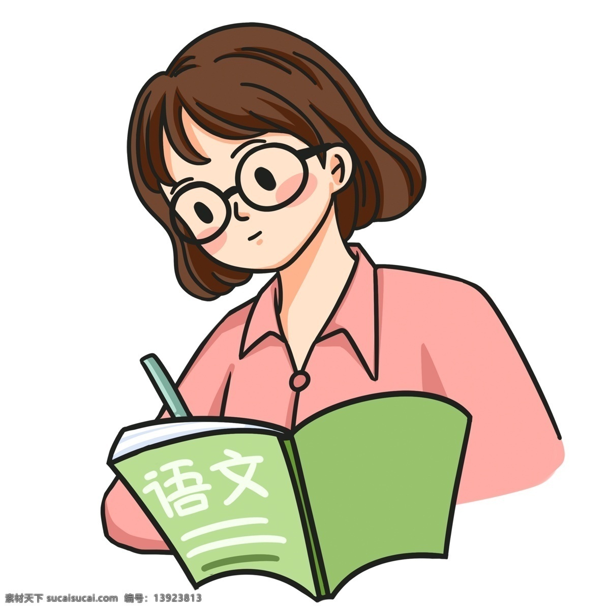 卡通 手绘 一个 语文 老师 人物 彩绘 插画 漫画 语文老师 课本 批改作业