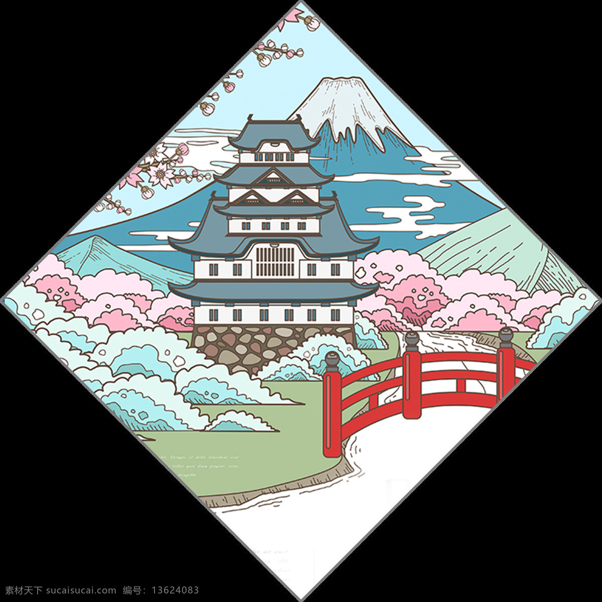 清新 方形 图案 日本旅游 装饰 元素 方形图案 海浪 红色栏杆 蓝色底纹 日本文化 装饰素材