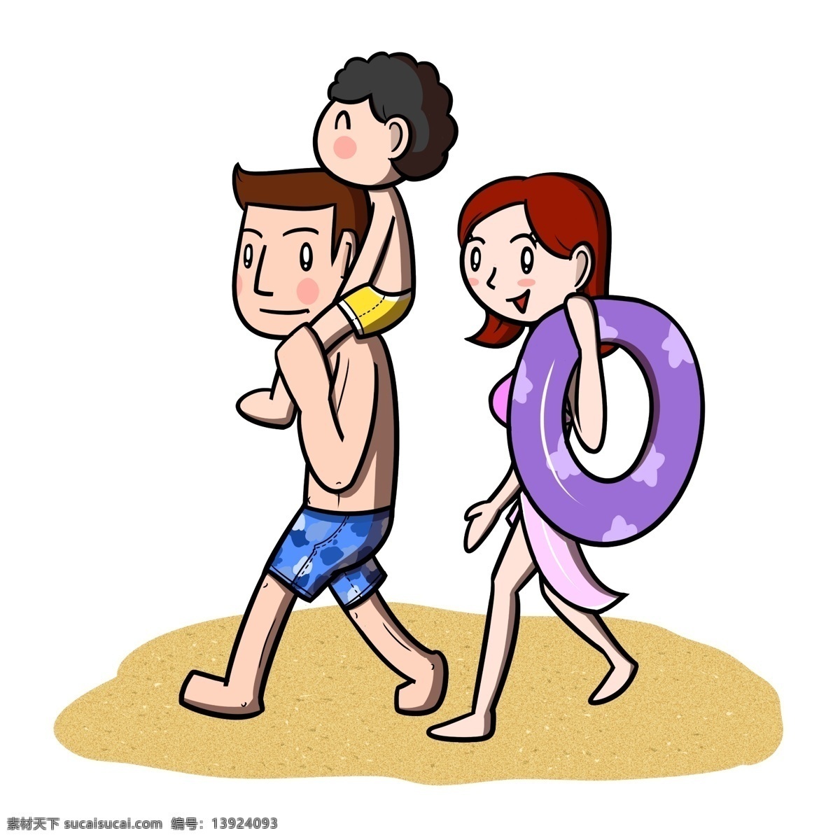 卡通 全家人 海边 游玩 透明 底 夏季 夏天 卡通家人 儿童 玩耍 海滩 沙滩 海边人物 夏季人物 夏天人物 卡通人物 卡通夏季