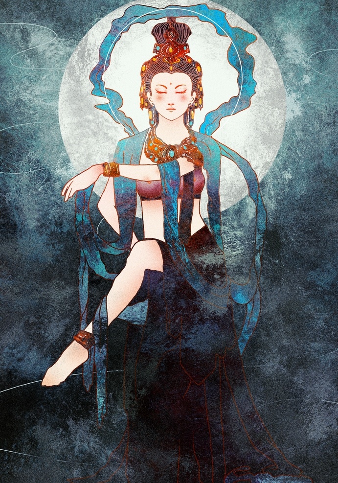 敦煌 飞天 插画 中国风插画 飞天图 敦煌插画 国潮白描 渐变 壁画 仙女 飞天仙女 国潮风