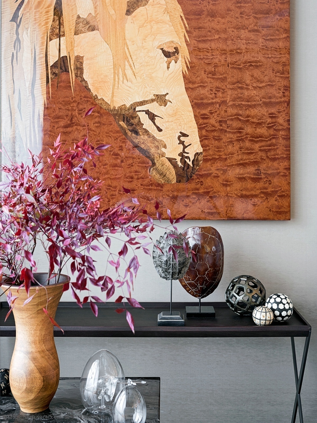 室内设计 家装 效果图 装潢设计 红色树叶 马头墙画 装饰物 桌子 创意设计