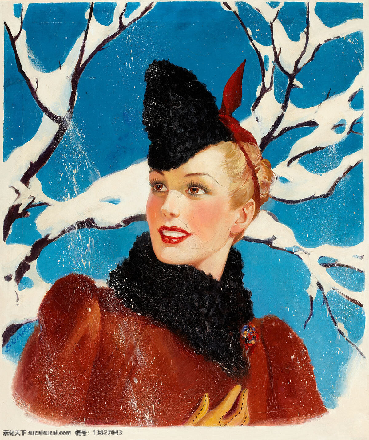 冬天 金发 美女图片 绘画书法 美国 美女 文化艺术 雪 油画 美女绘画 装饰素材