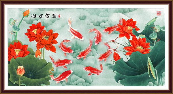 鸿运 当头 挂画 分层 连年有余 富贵花开 莲花 鲤鱼 荷叶 莲蓬 古典画框 白色