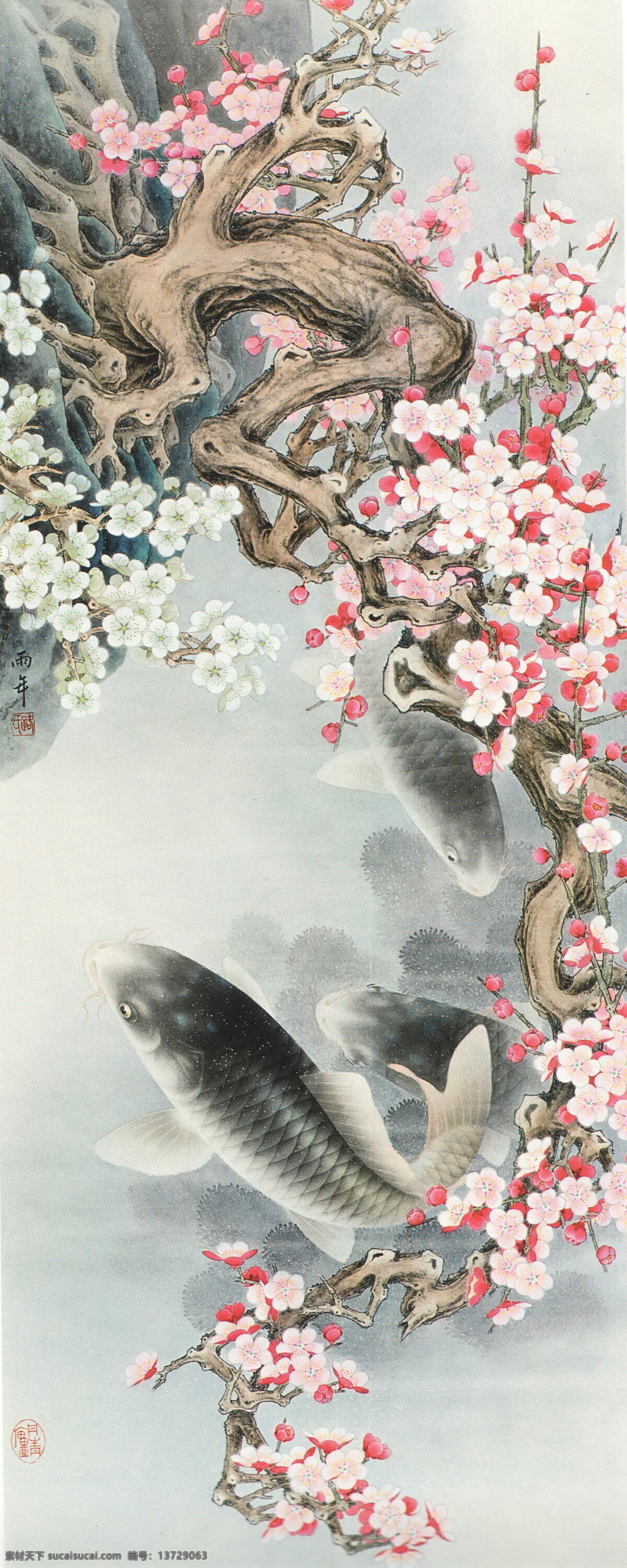 梅花鲤鱼 工笔画 线描 国画 中国画 植物 树木 大师作品 风景画 工笔画花草 梅花 梅花工笔画 白描画 工笔画梅花 书法 树杆 树枝 鲜花 鱼类 鲤鱼 池塘 动物 绘画书法 文化艺术