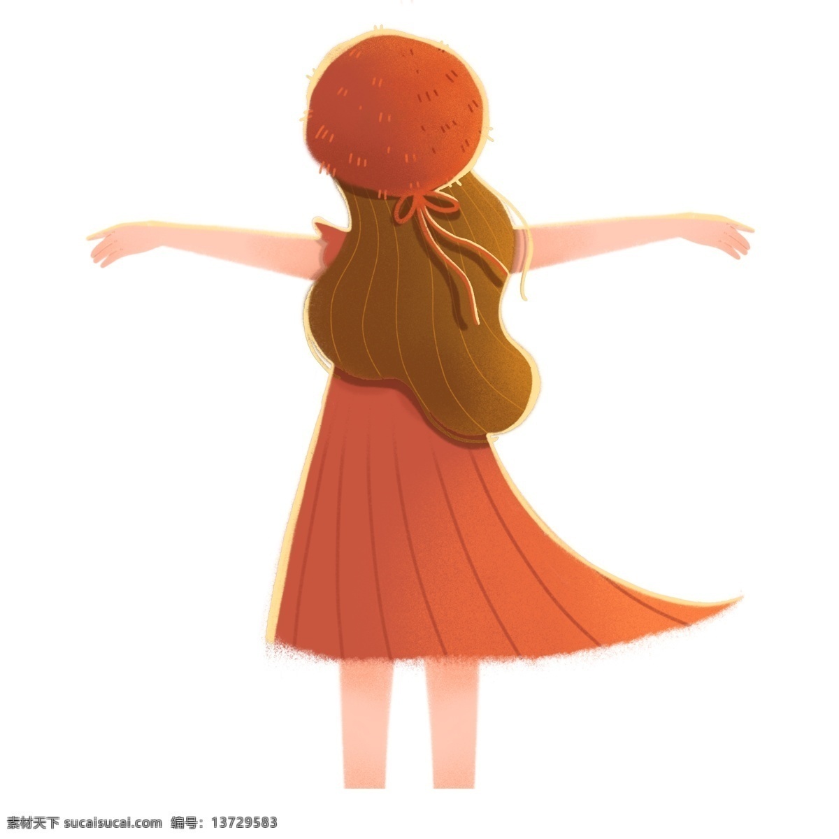 清新 可爱 张开 双手 女孩 背影 商用 元素 插画 卡通 女生