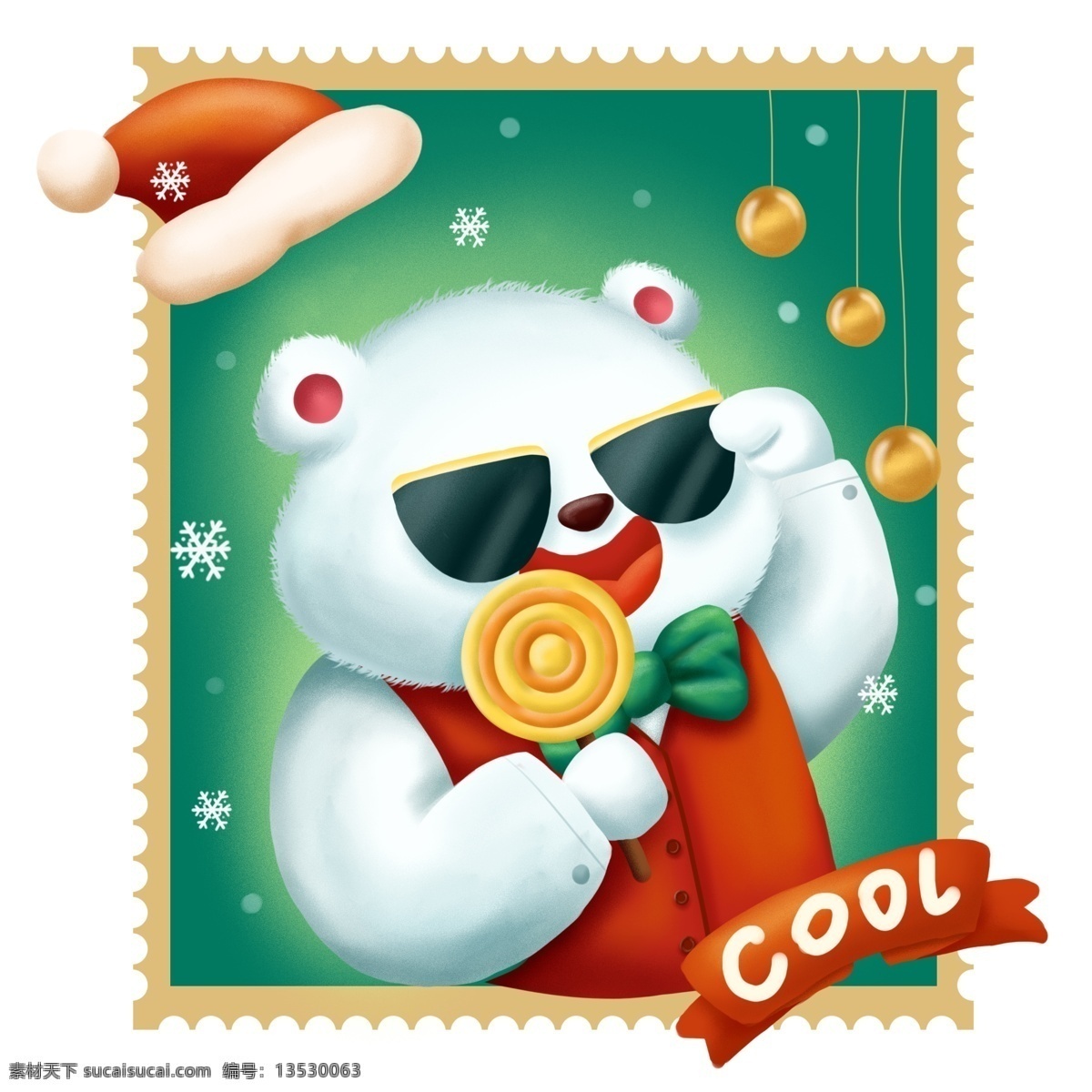 手绘 庆祝 圣诞 邮票 卡通 可爱 北极熊 商用 元素 圣诞节 欢乐 动物 插画 平安夜 圣诞球 糖果 波板糖 圣诞帽 墨镜 配图