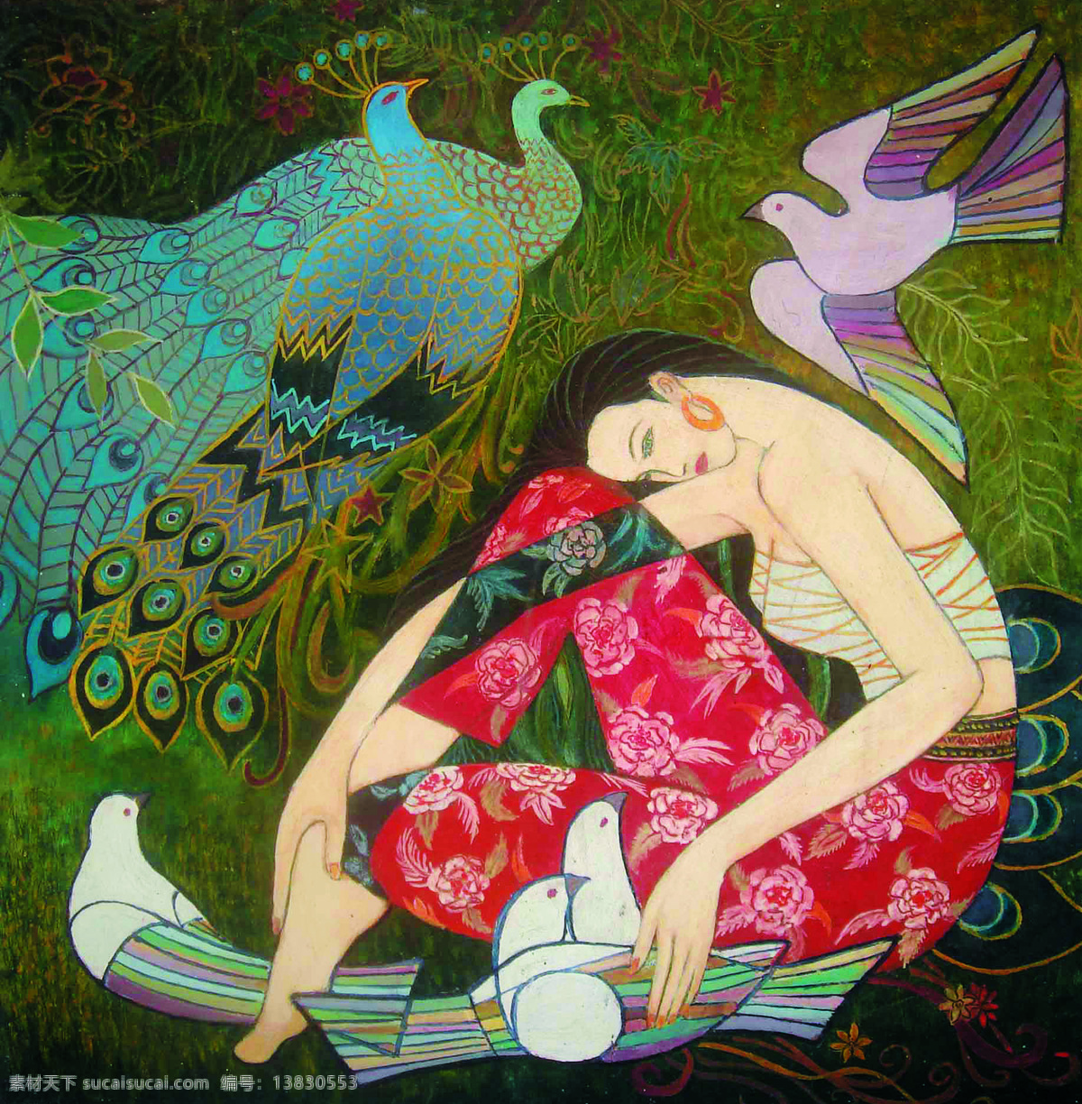 温馨家园 美术 油画 人物画 女人 女子 丽人 孔雀 鸽子 花草 树林 油画作品83 文化艺术 绘画书法
