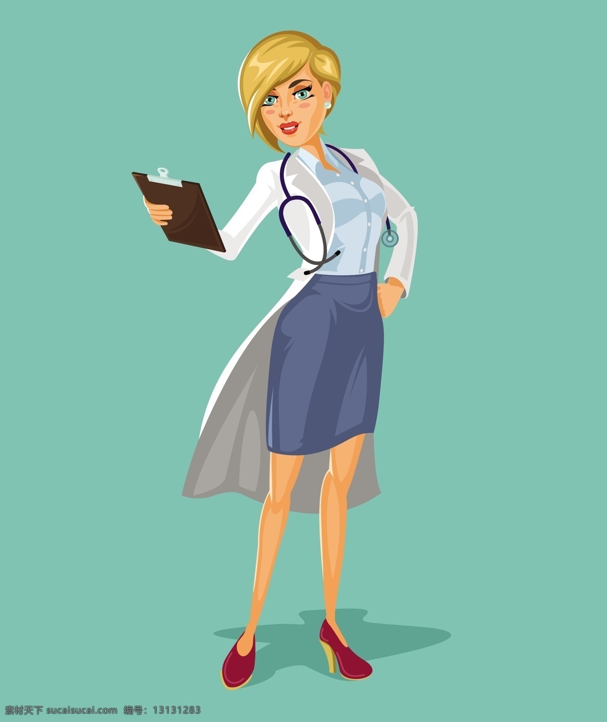 矢量 三维 女 医生 医疗 文字 卡通 健康 医院 人 白色 报告 服务 帮助 卡通人物 护士 护理 女性 年轻 听诊器
