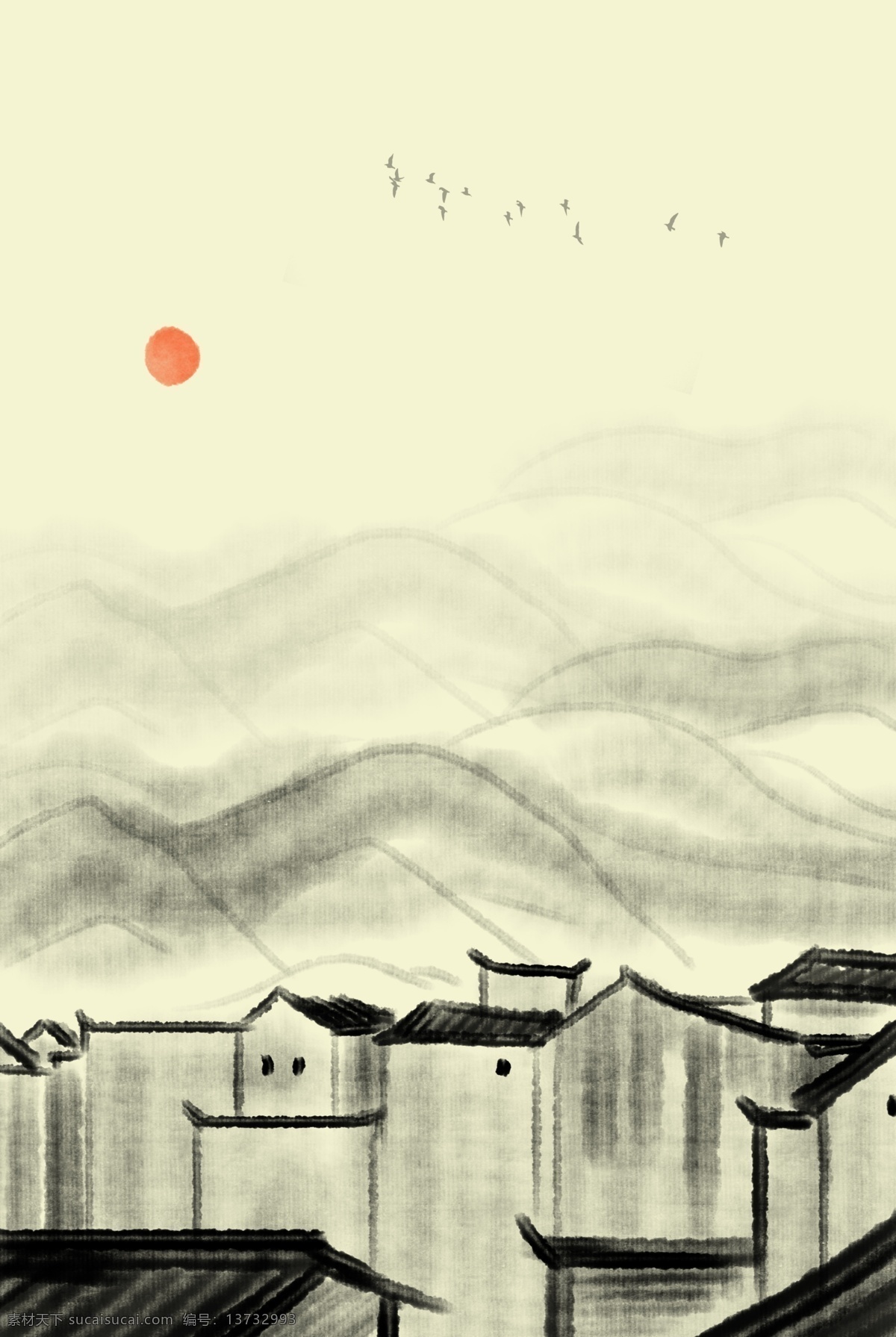 水墨 插画 古风 中式 建筑 江南 古镇 中国风 复古 古建筑 夕阳 山水 中式建筑 国风 飞鸟 房地产 中