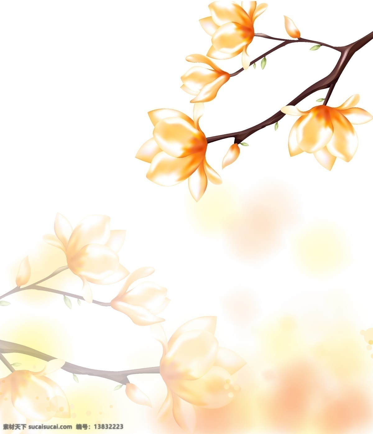 玉兰花 黄色 手绘 树枝 花朵 梦幻背景 时尚花朵 花枝 移门 装饰背景 设计素材 移门图案 矢量