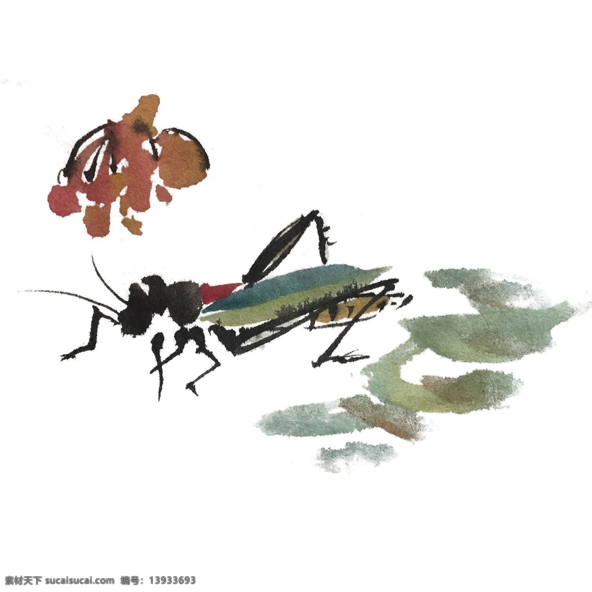 水墨 风 夏季 蚂蚱 手绘 插画 中国风 动物 古风 水墨风 墨迹 彩色 昆虫 春天 生动 花草 国风 国画 花鸟 小景