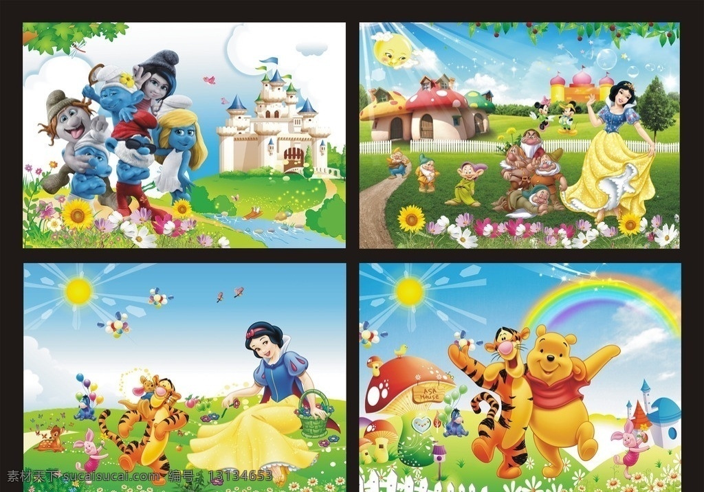 幼儿园 墙体 背景 图 幼儿园墙贴 白雪公主 七个小矮人 蓝妹妹 小熊维尼 跳跳虎 模板下载 风车 小花 花 米妮 米奇 米老鼠 彩虹 卡通 泡泡 太阳 绿色背景 蓝色背景 跳 虎 维尼熊 卡酷 迪士尼 屹耳 小猪皮杰 卡通背景 气球 小鸟 蓝天 白云 小河 草地 城堡 蘑菇房小木屋 小房子 栏栅 卡通设计 矢量