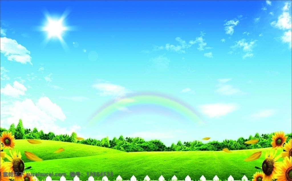 雨后彩虹 向日葵 草地 蓝天 白云 树 展板模板