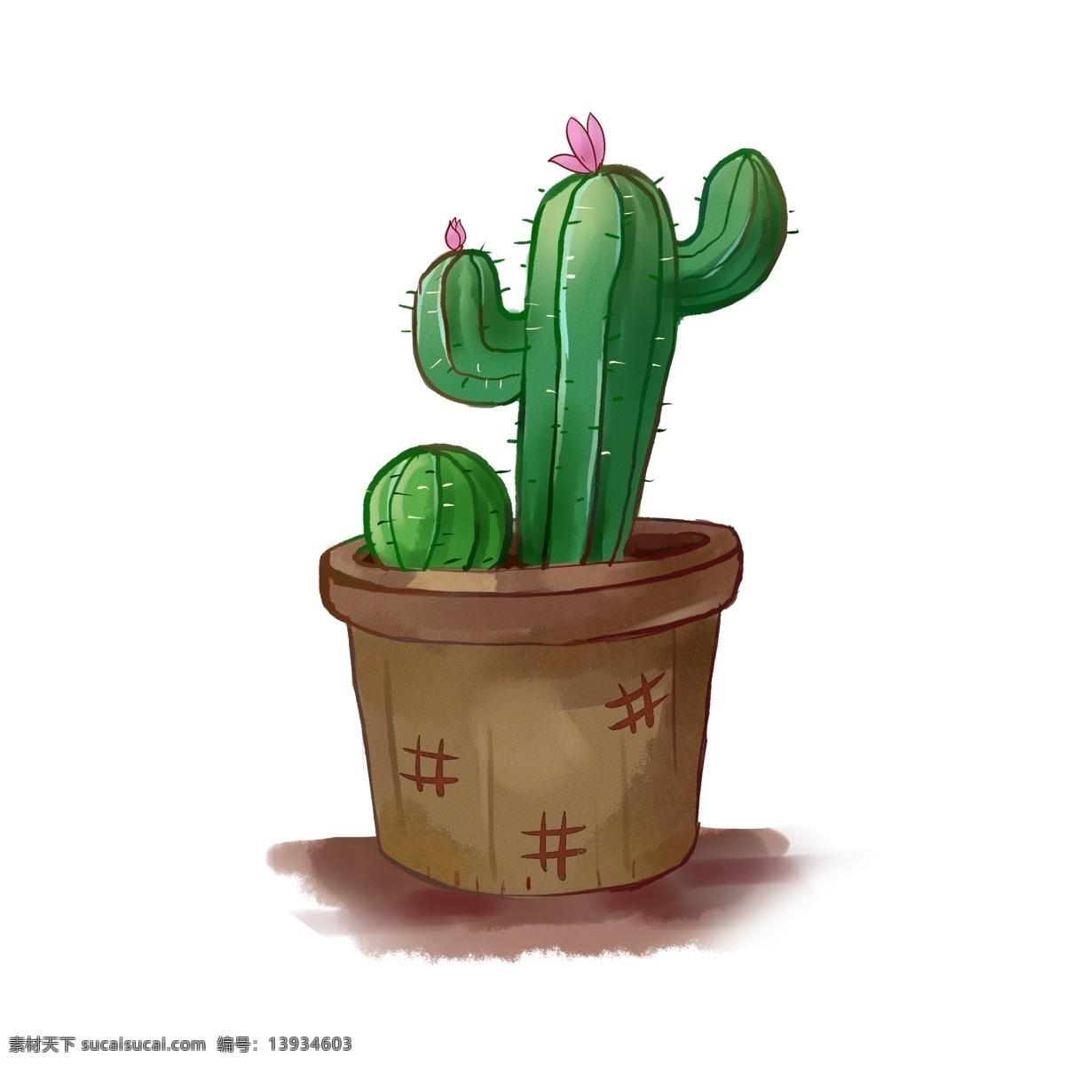 仙人掌 卡通 元素 仙人球 绿色 花盆 手绘