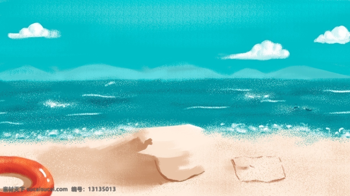 海滩 沙滩 清新 唯美 手绘 背景 蓝色 蓝天 卡通背景 卡通素材 插画背景 海滩旅行 沙滩背景 白云 清新背景 背景设计