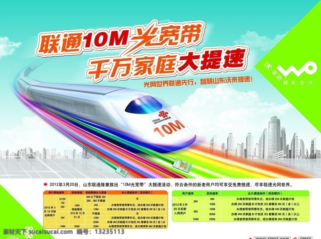 中国联通 宽带 提速 宽带提速 联通 10m 光 千 万 家庭 大 城市 火车 彩虹 广告设计模板 源文件