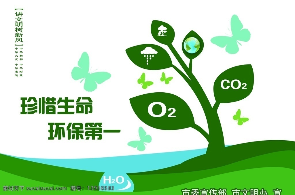 珍惜生命 环保第一 水滴 蝴蝶 树苗 分图层