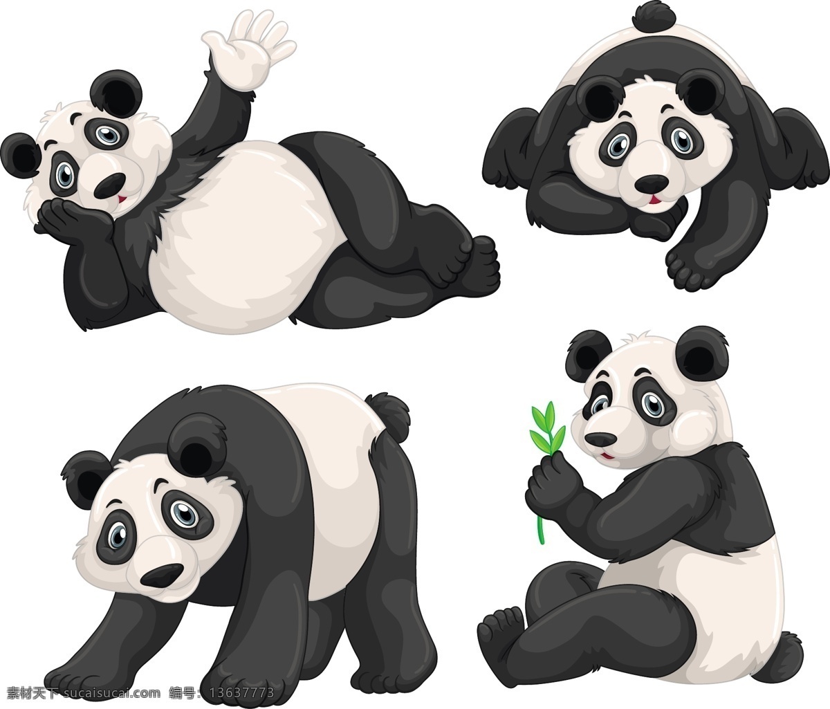 熊猫四摆姿势 背景 自然 人物 卡通 动物 可爱 艺术 树叶 黑白背景 图形 熊 热带 绘画 白色 元素 插图 自然背景 卡通人物