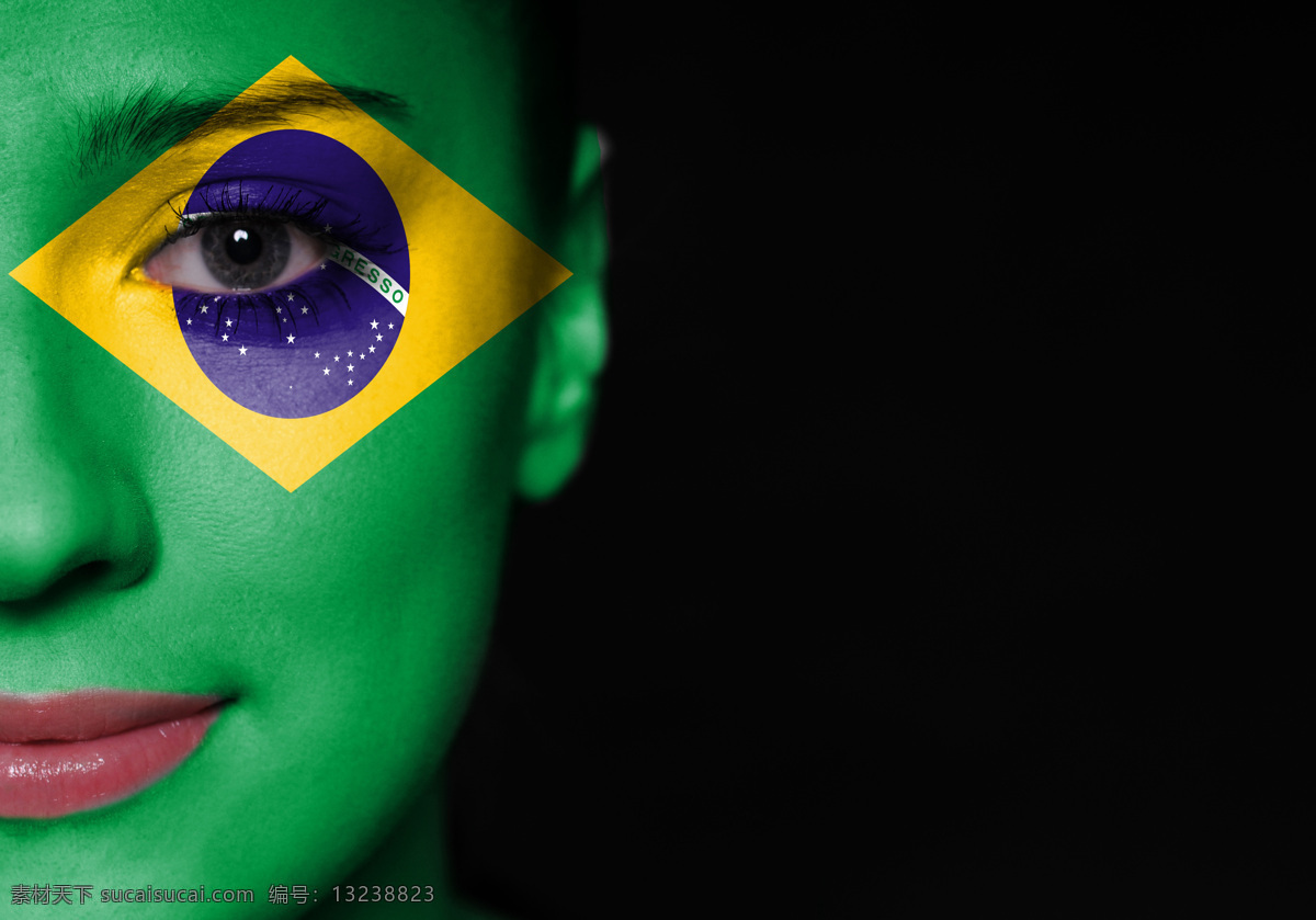 脸上 画 世界杯 标志 女人 足球 巴西 体育运动 生活百科 黑色