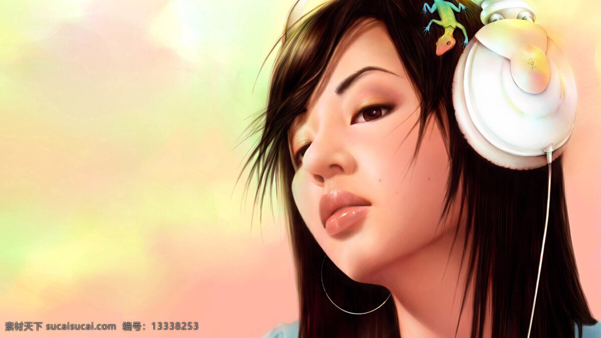 美女 插画 长发 动漫动画 动漫人物 耳机 美女插画 设计素材 模板下载 天空 插画集