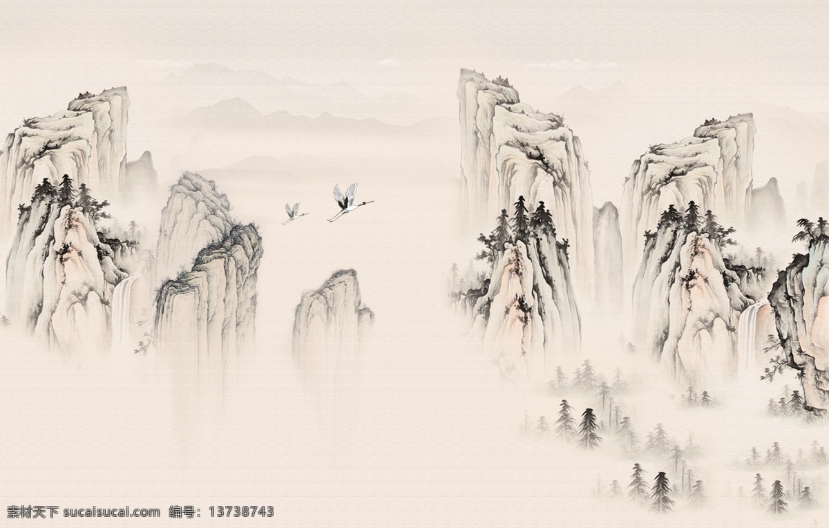 新 中式 山水 水墨 背景 墙 新中式 山水水墨 鹤 黑白 背景墙 文化艺术 绘画书法
