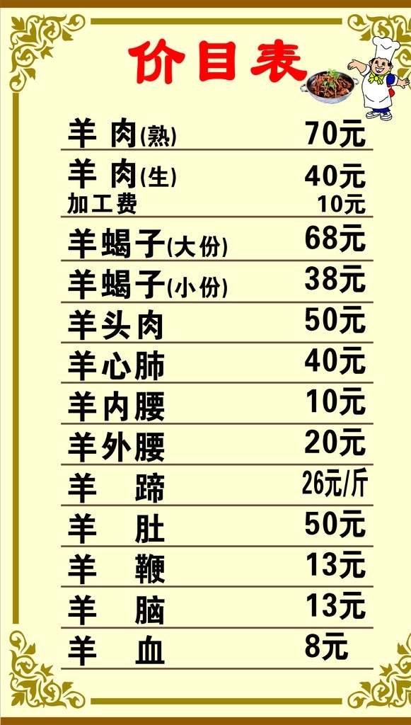 饭店价目表 羊肉馆价目表 花边价目表 价格表 价位表 价格表素材 饭馆价格表 花边表材