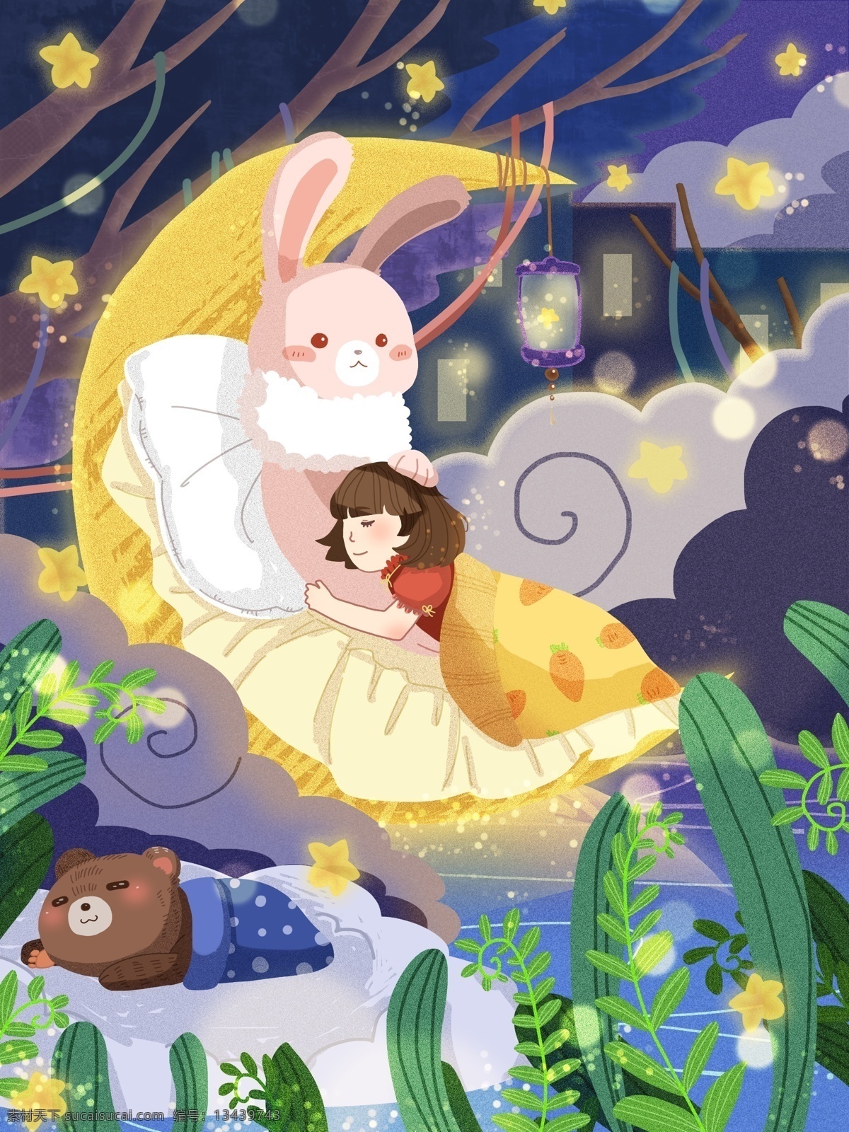 晚安 月亮 兔子 抱 女孩 玩具 熊 幸福 睡眠 云 星星 植物 气氛 治愈
