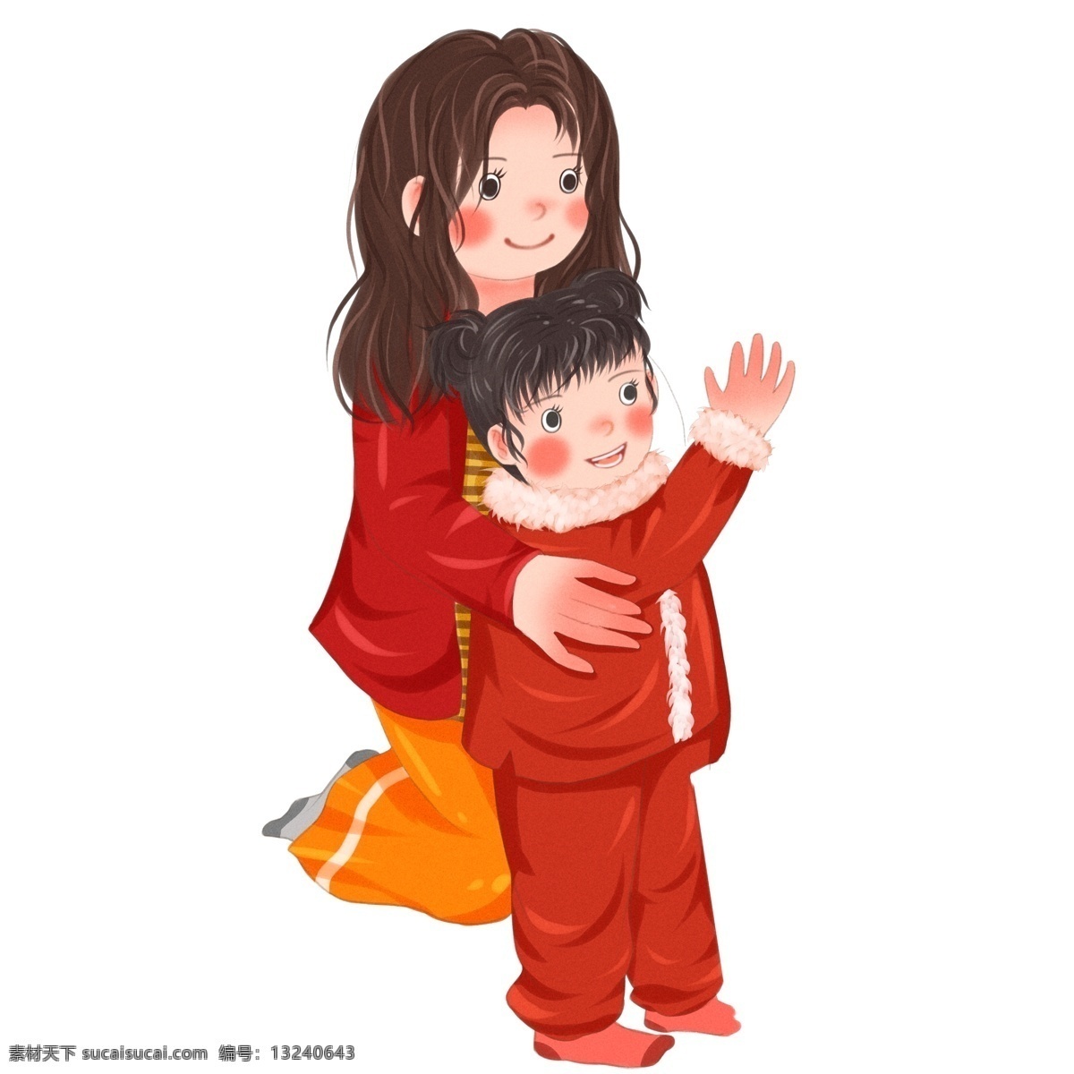 手绘 新年 穿 新衣 母女 卡通 春节 喜庆 人物设计 2019年 猪年 穿新衣 红衣