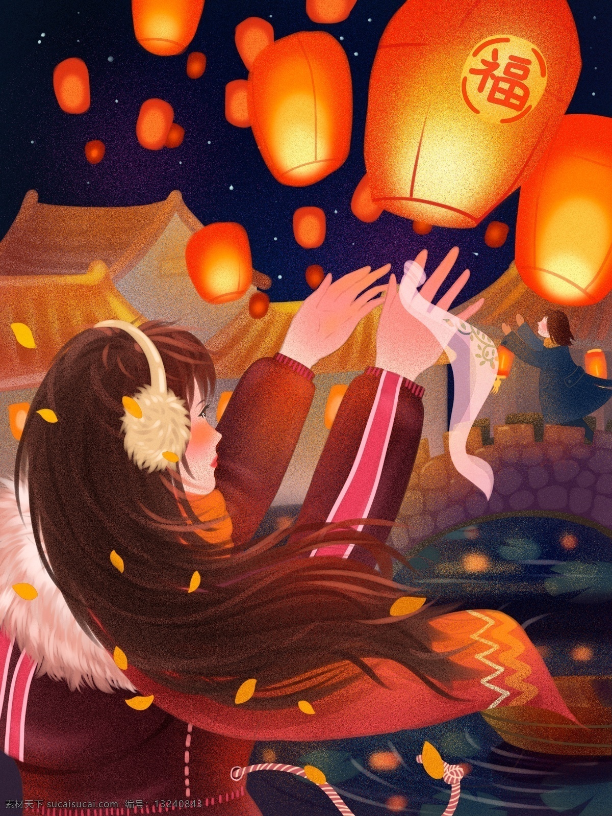 新年 许愿 河边 放 孔明灯 噪 点 插画 小桥 房子 女孩 夜空 新年许愿 放孔明灯 噪点 肌理写实
