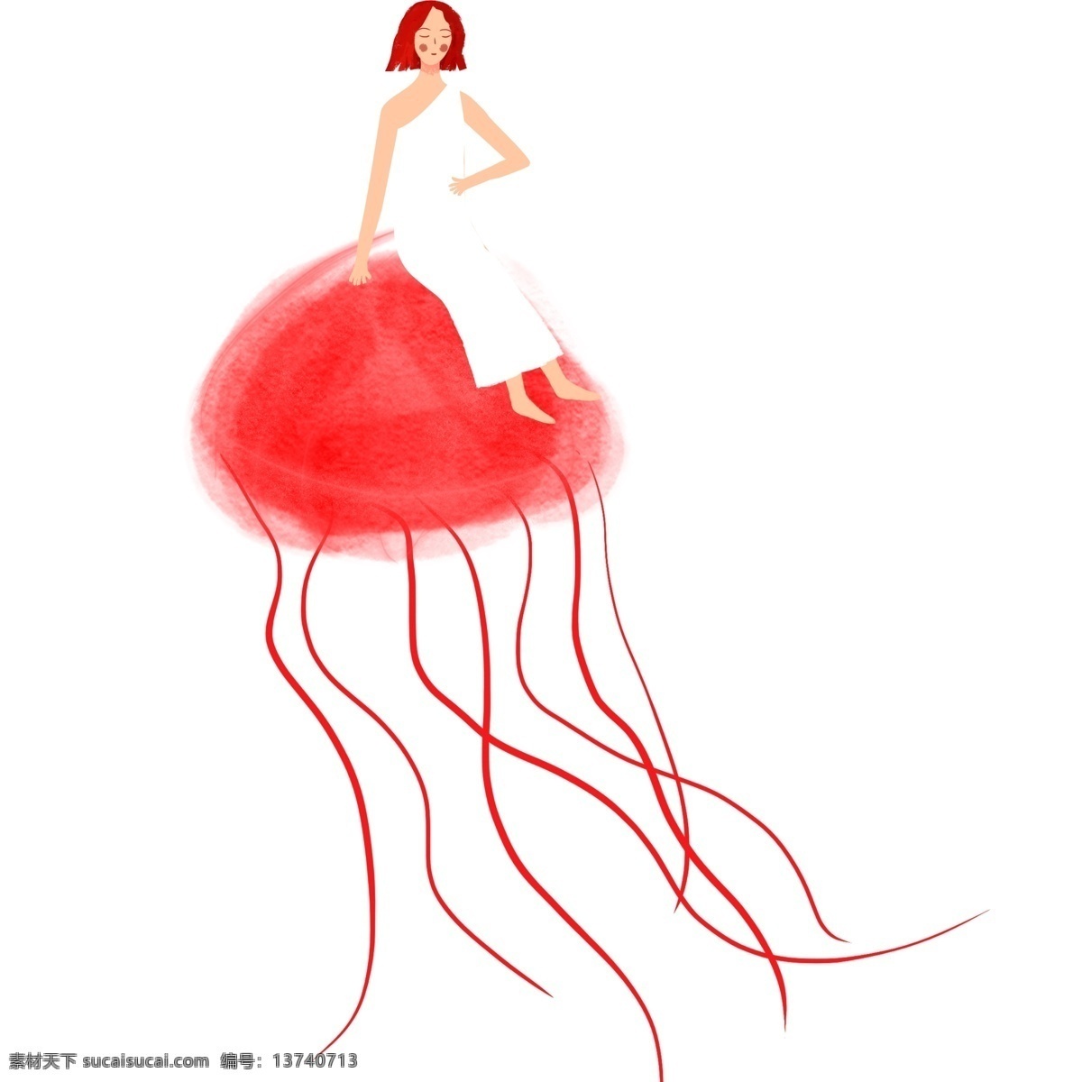 少女 水母 装饰 元素 海洋 海洋生物 短发 装饰元素 手绘 白裙