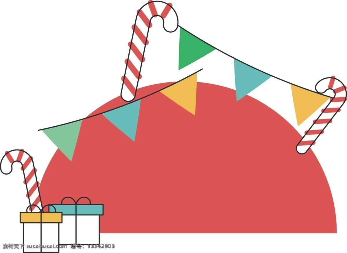 手绘 圣诞节 礼物 插画 圣诞礼物插画 圣诞拐杖糖 圣诞节快乐 红色半圆装饰 黄色盒盖 蓝色盒盖 彩旗条幅装饰