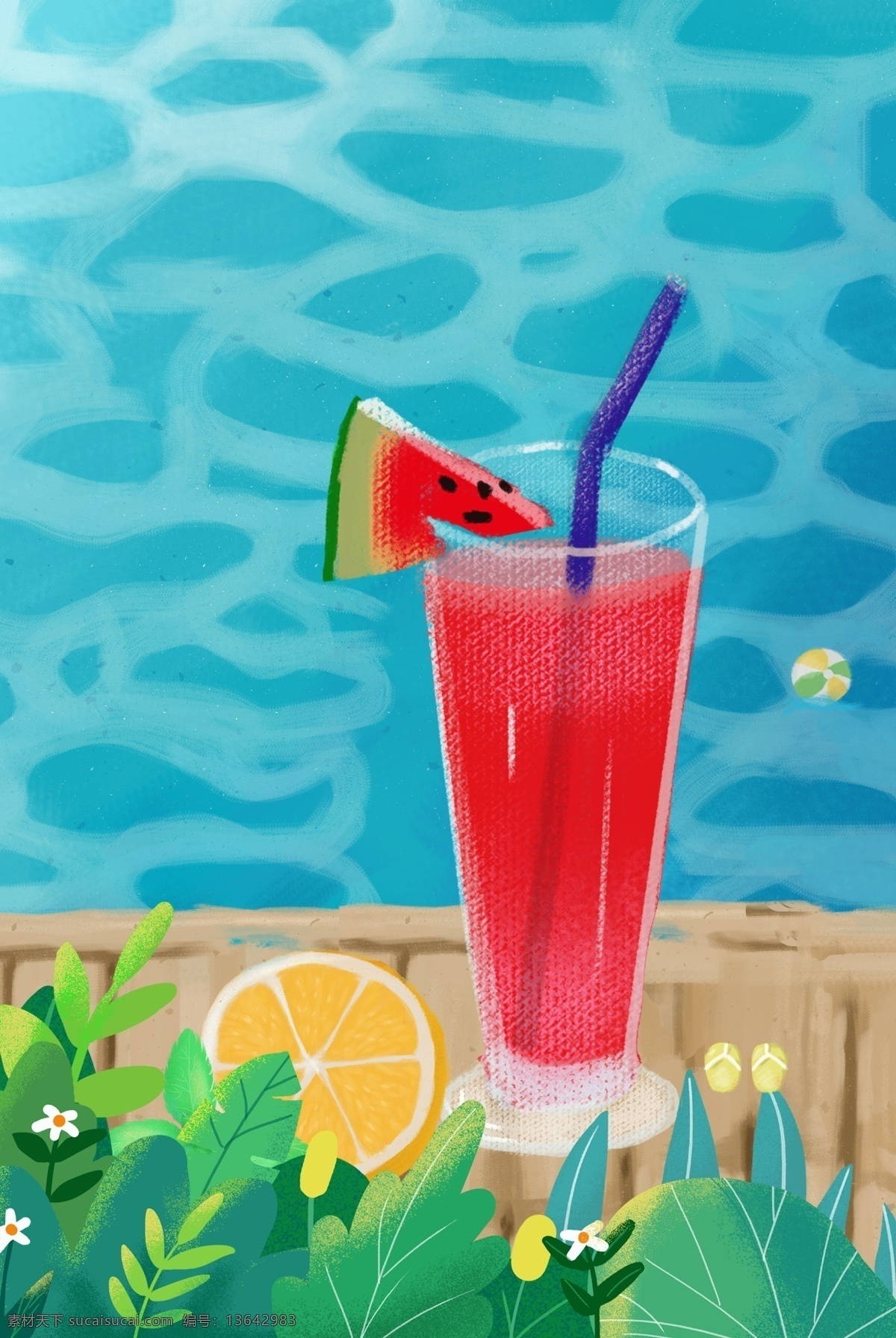 夏季 清爽 蓝色 主题 背景 夏日 清新 卡通 手绘 水果 简约