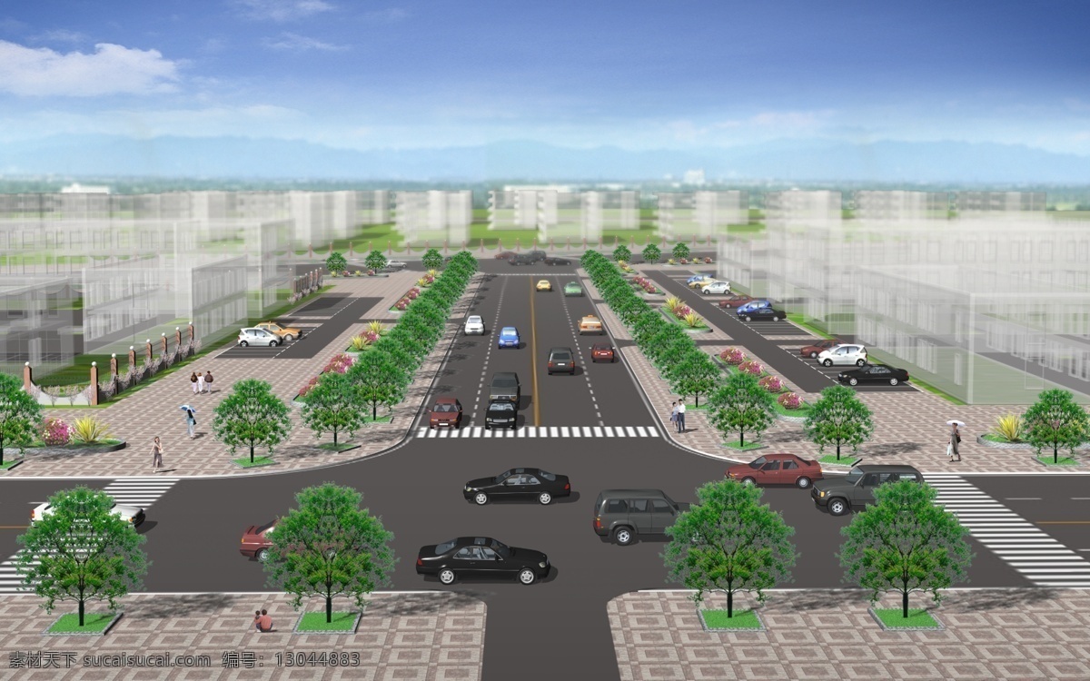 丁字 路口 道路 城市绿化 道路效果图 丁字路口 环境设计 景观设计 效果图 源文件 丁字路口道路 绿化效果 四车道 家居装饰素材