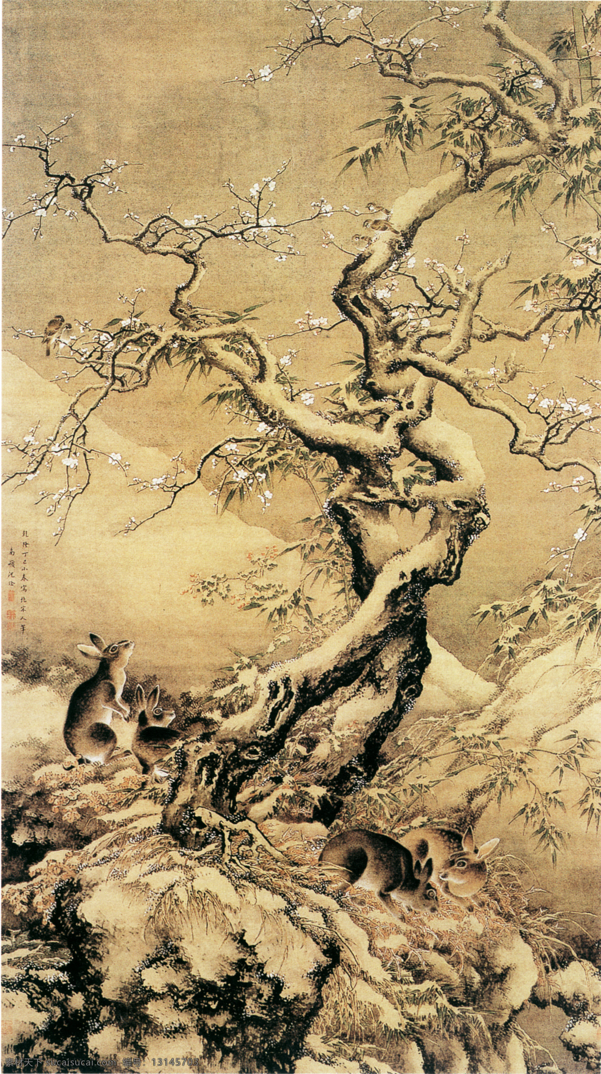 雪中游兔图 花鸟画 中国 古画 中国古画 设计素材 花鸟名画 古典藏画 书画美术 黄色